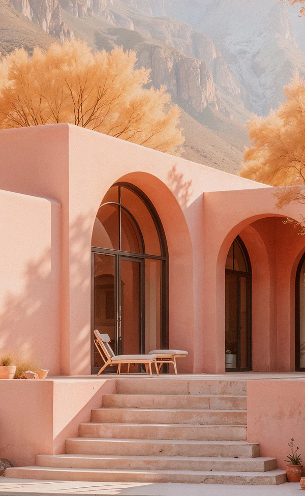 Pink house with arched windows and terrace seating